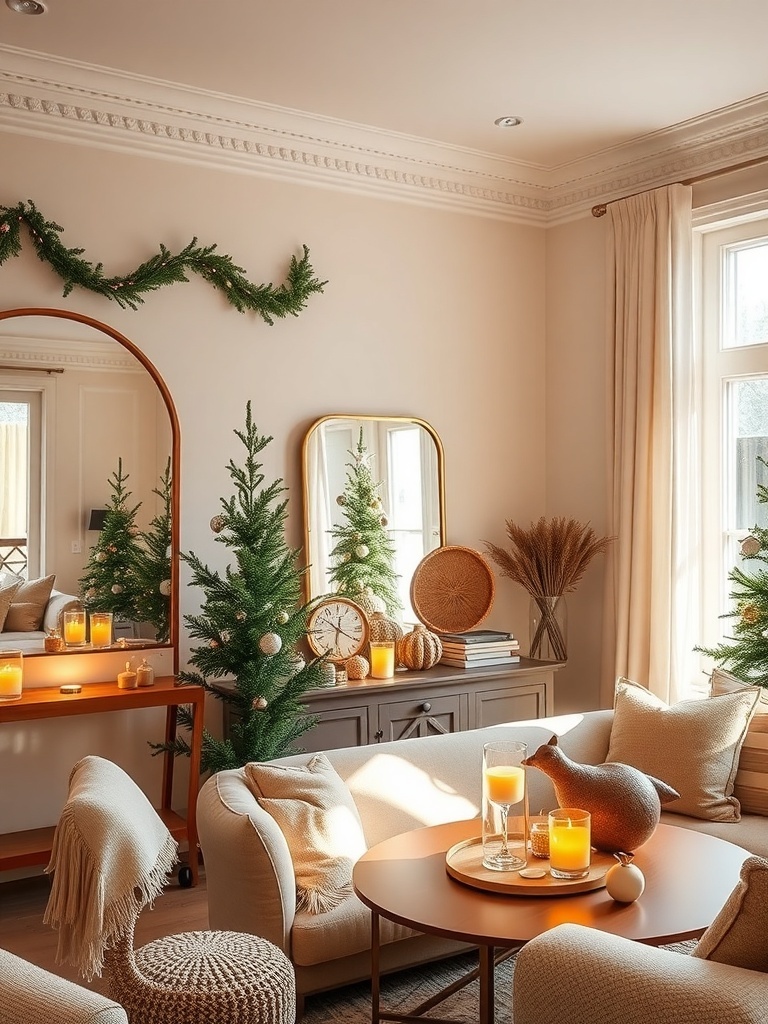 A cozy living room decorated for winter with mirrors, greenery, and warm lighting.