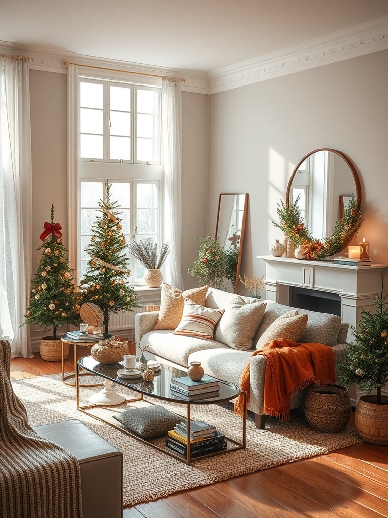 A cozy living room with a mirror reflecting light, decorated for the holidays.
