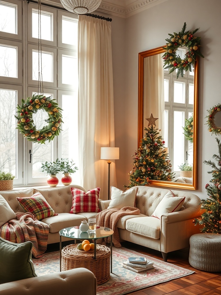 Cozy living room with a large mirror reflecting natural light and festive decor.