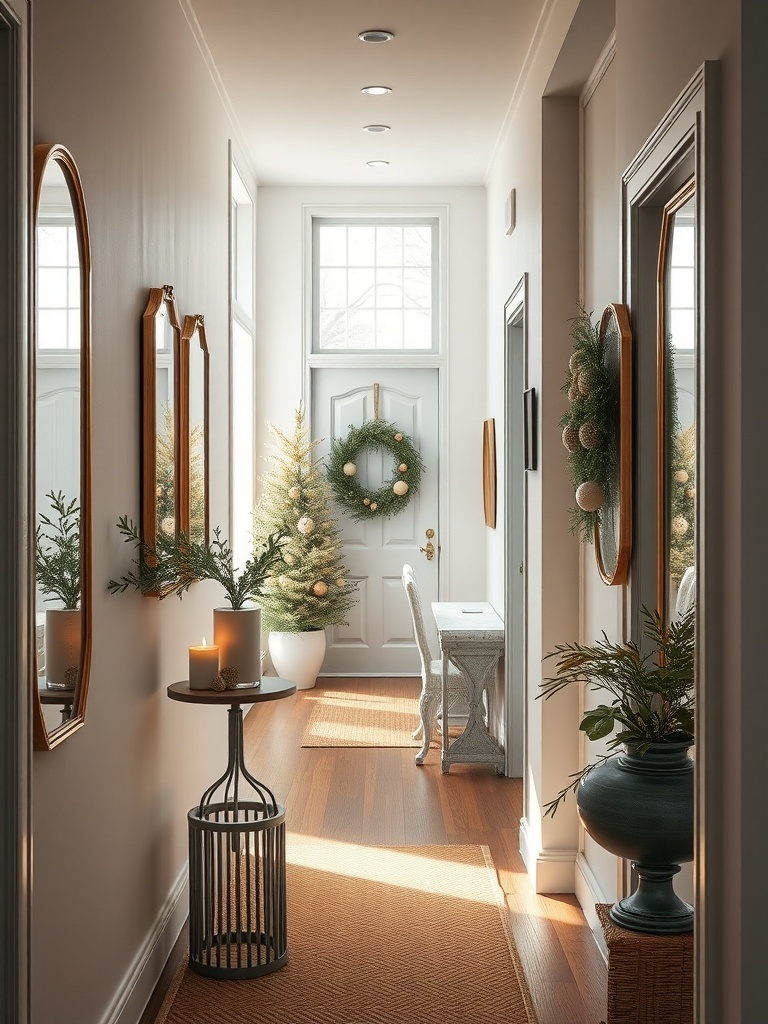 A hallway with mirrors, a wreath, and a small tree, creating a bright and inviting atmosphere.