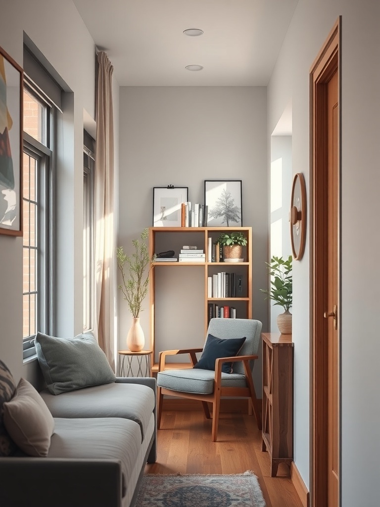 A cozy corner in a narrow apartment with a chair, bookshelf, and natural light.