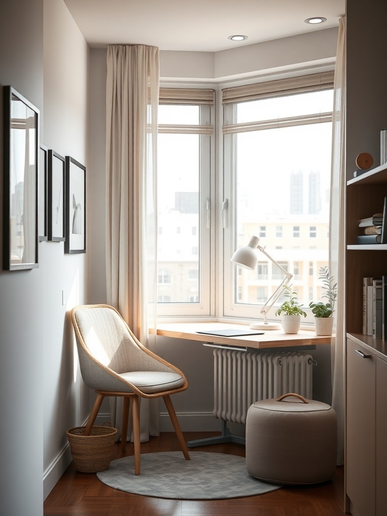 A cozy workspace setup in a nook with a chair, desk, and window.