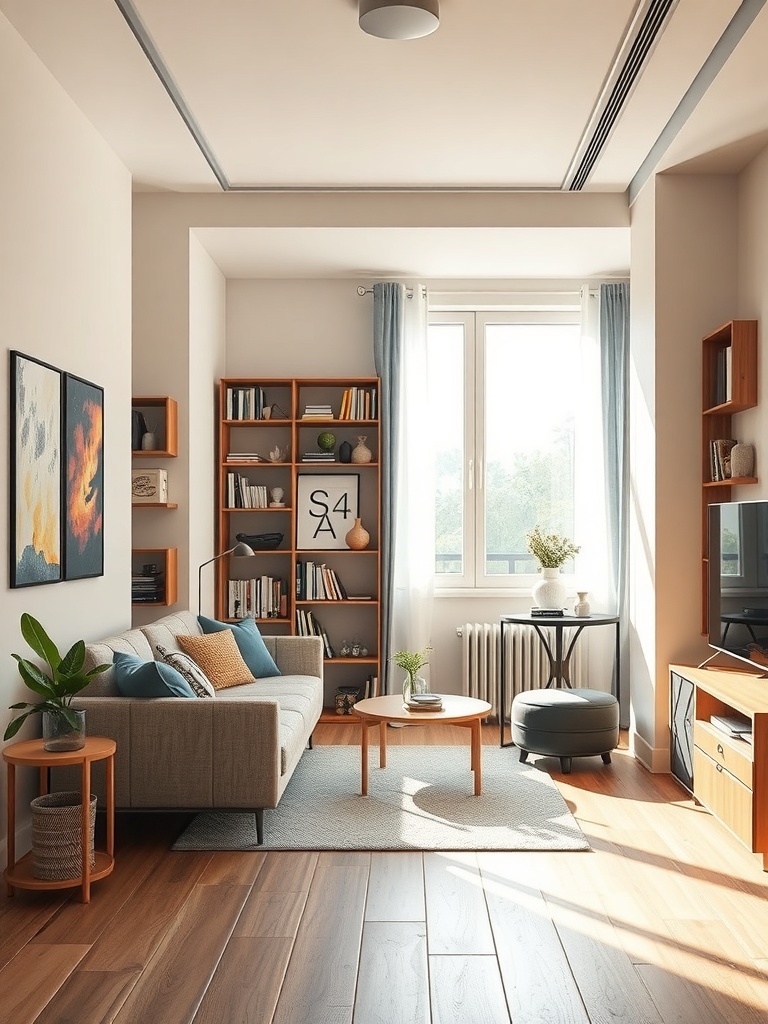 Cozy studio apartment with a sofa, bookshelves, and a small coffee table.