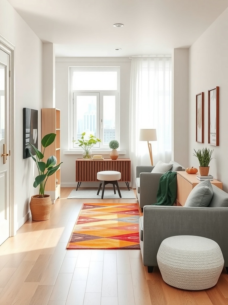 A bright, patterned rug in a cozy apartment entryway with plants and modern furniture.