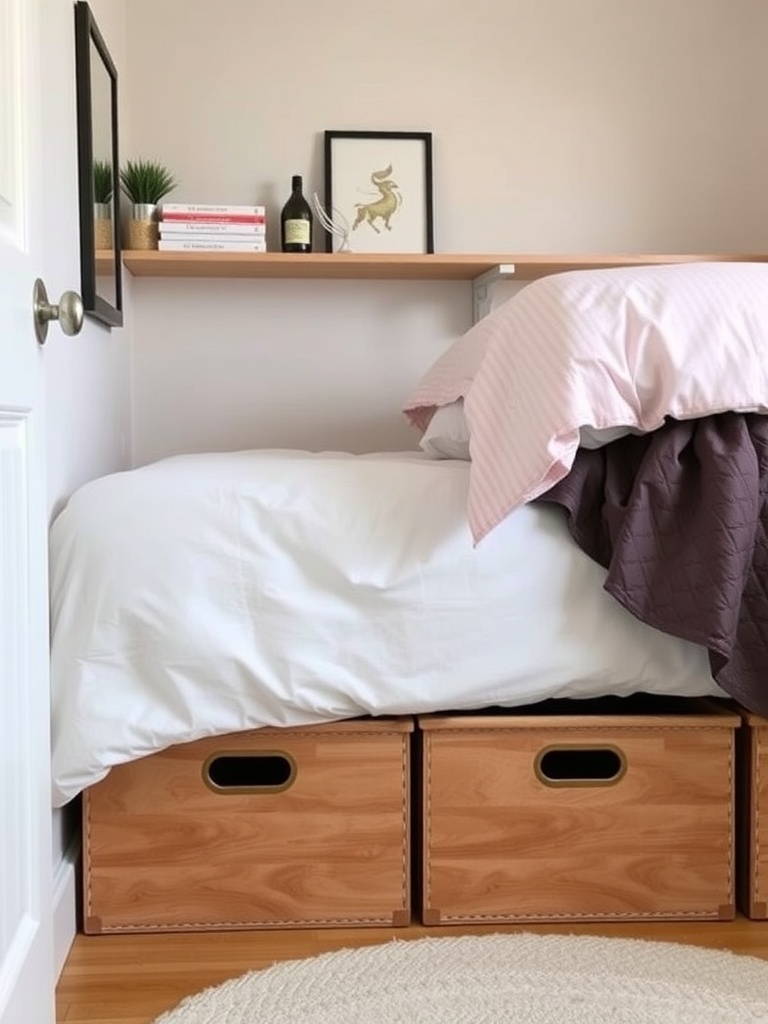 Cozy bedroom with wooden storage boxes under the bed