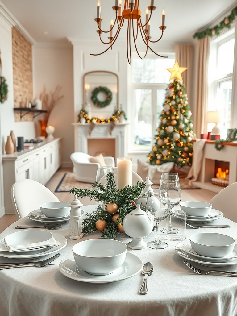 A beautifully set table with crisp white tableware, featuring a centerpiece of greenery and ornaments, creating a festive atmosphere.