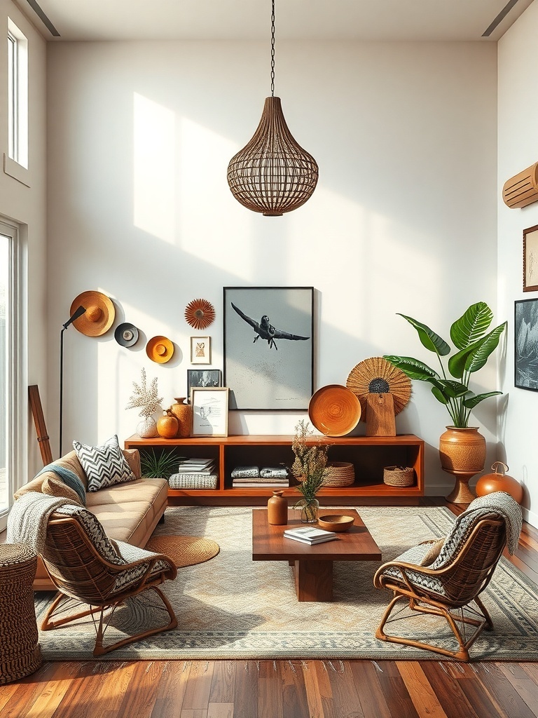 A cozy boho living room featuring cultural artifacts like woven baskets, pottery, and wall art.
