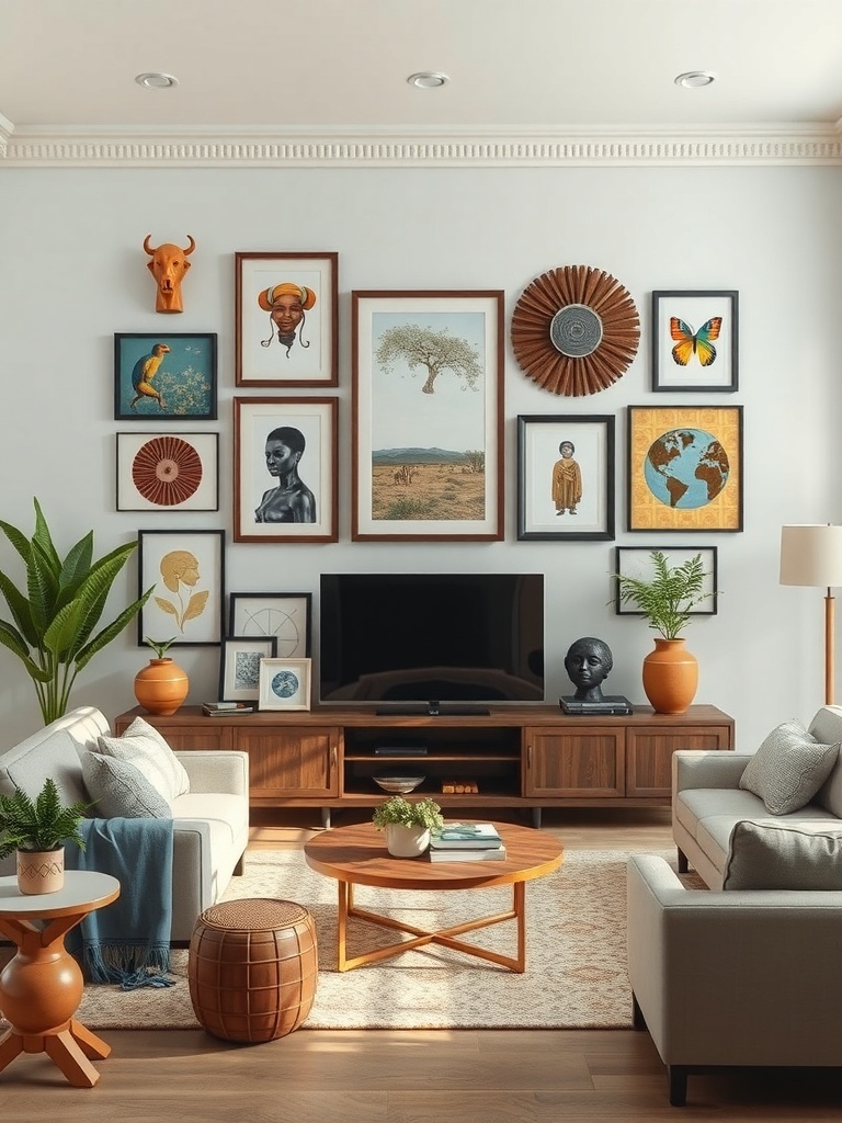 A living room wall decorated with cultural artifacts, including framed art, sculptures, and plants.