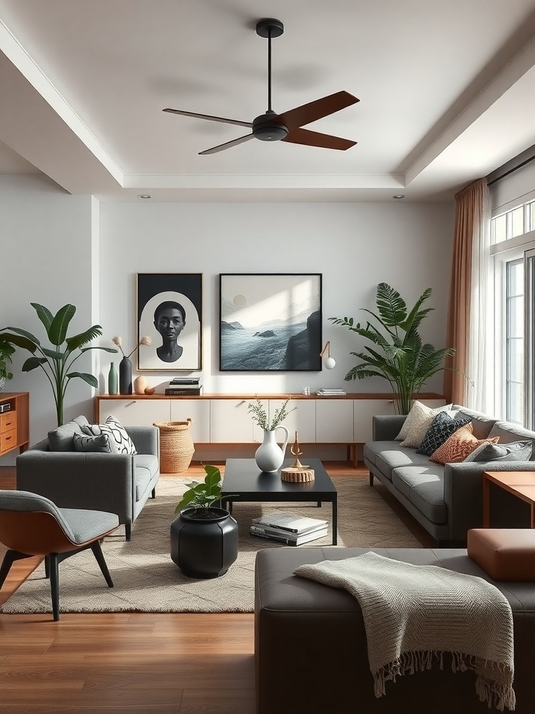 A stylish living room featuring a mix of modern and traditional design elements, with artwork, plants, and comfortable furniture.