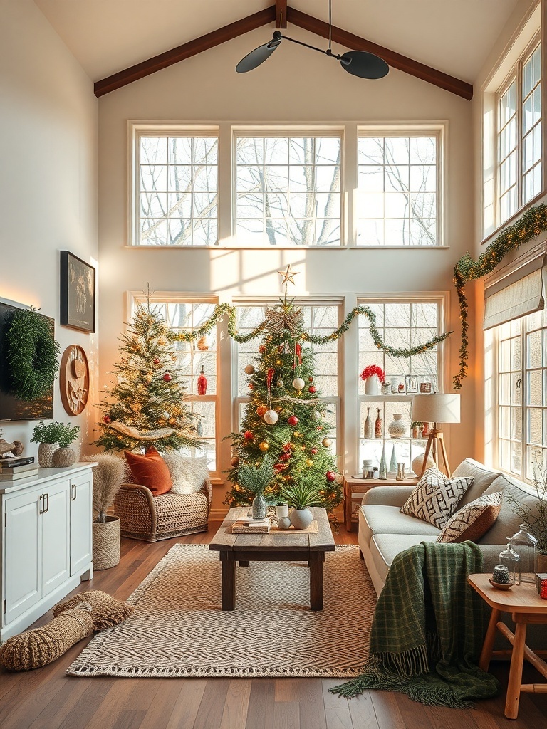 A cozy living room with large windows, decorated for the holidays with Christmas trees and warm lighting.