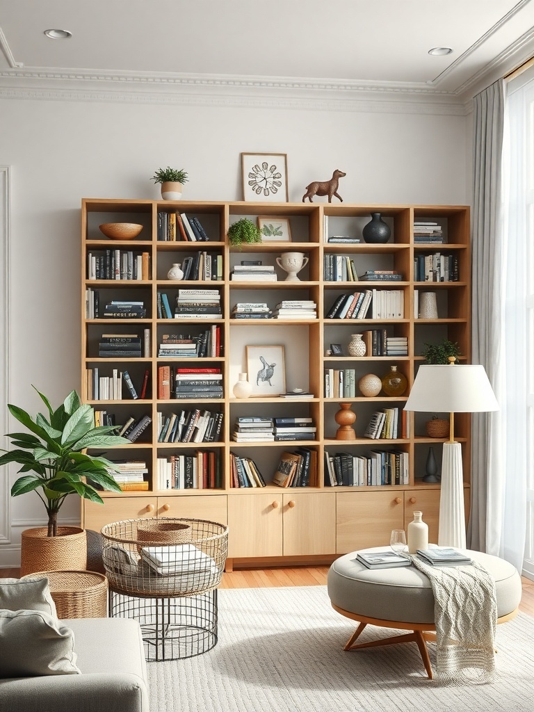 A Scandinavian-style living room featuring a curated bookshelf with books and decorative items.