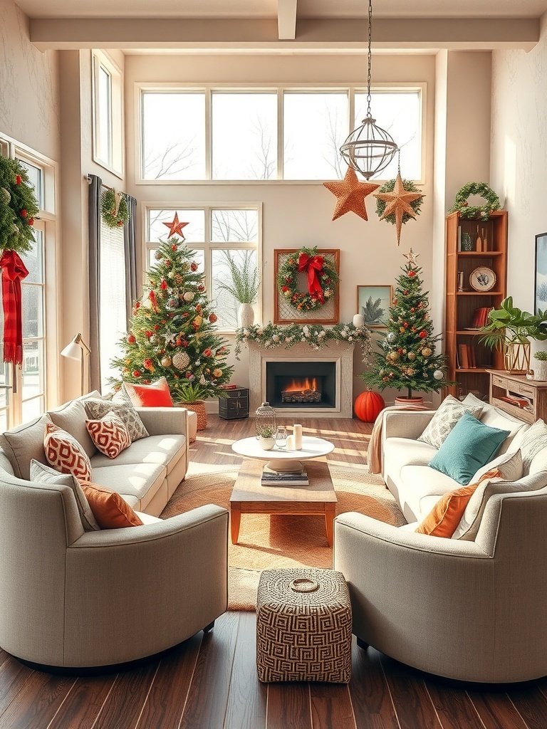 A cozy living room featuring curved furniture shapes, decorated for the holidays.