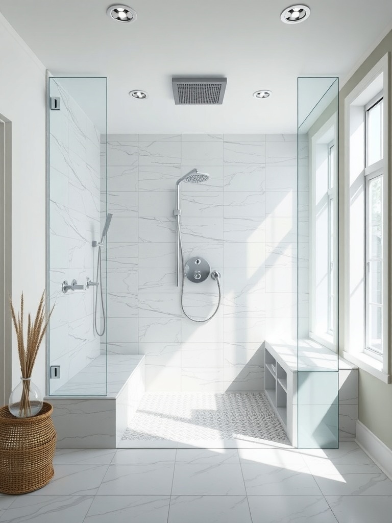 A modern bathroom shower design featuring glass panels, marble-patterned tiles, and a rainfall showerhead.