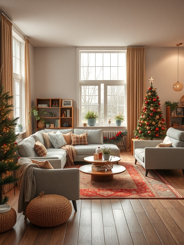 A cozy living room featuring customizable furniture with a festive touch.