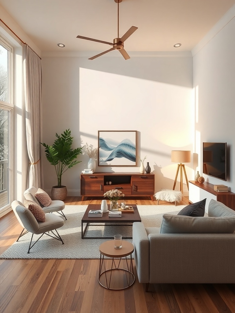 Living room with customizable lighting and color filters.