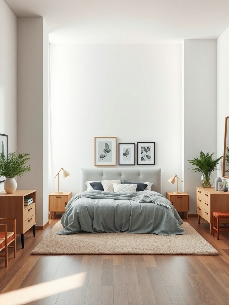 A minimalist bedroom featuring a bed with soft linens, wooden nightstands, and plants, creating a decluttered and serene atmosphere.