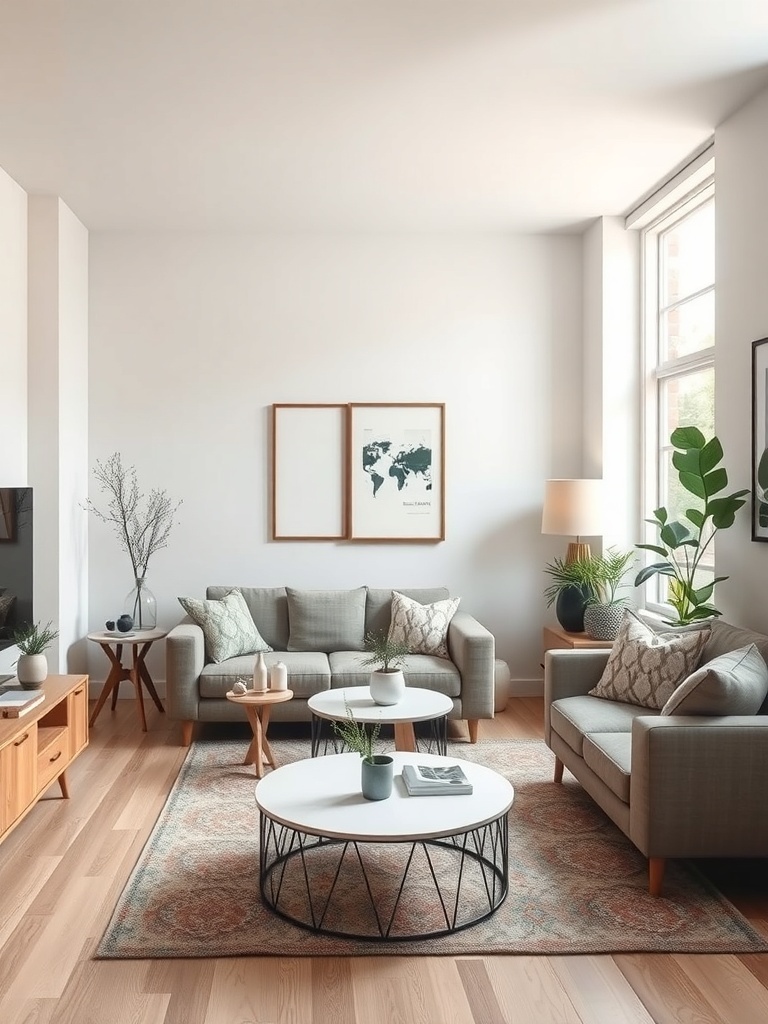 A cozy and organized living room with plants, a coffee table, and comfortable seating.