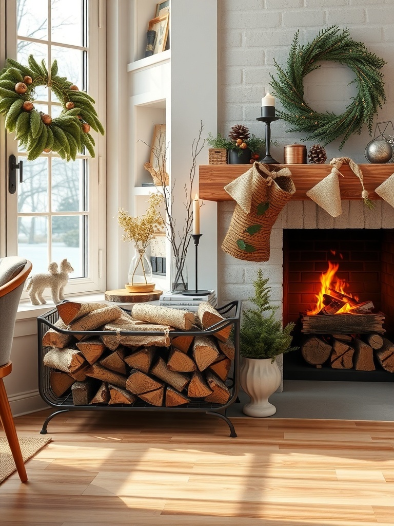 A cozy living room with decorative firewood storage, featuring a stylish basket filled with logs, a warm fireplace, and festive decorations.