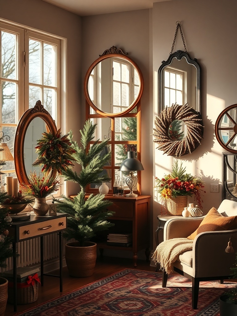 A cozy room featuring decorative mirrors, plants, and warm lighting.