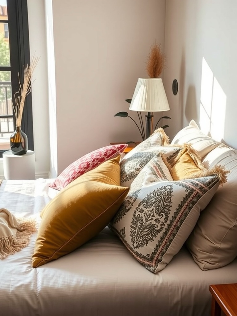 A cozy bedroom with decorative pillows in various colors and patterns on a neatly made bed.
