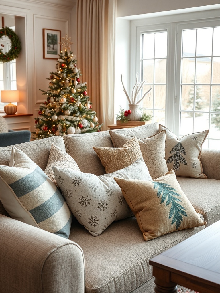 A cozy living room with decorative pillows featuring seasonal prints on a sofa.