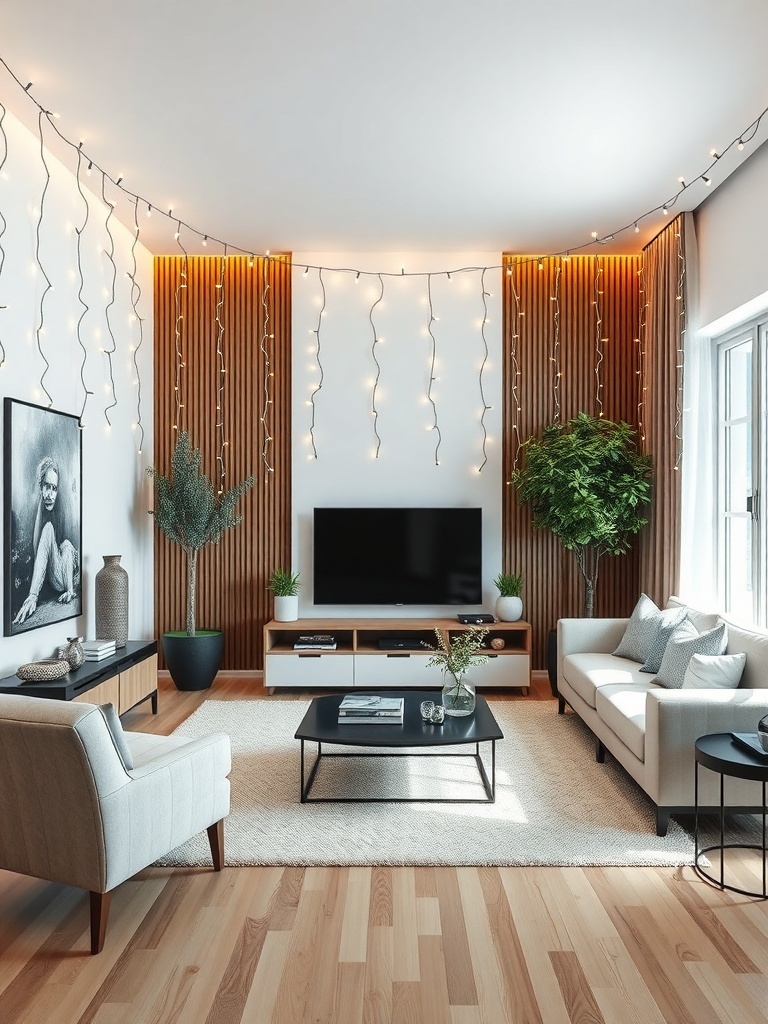 A cozy living room with decorative string lights hanging on the walls, creating a warm and inviting atmosphere.