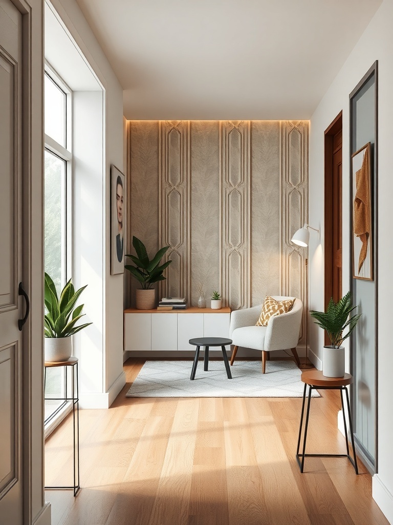 A stylish entryway featuring decorative wall panels, plants, and modern furniture.