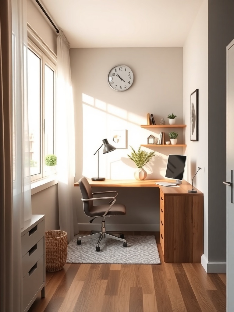 A cozy home office nook with a desk, chair, and natural light.
