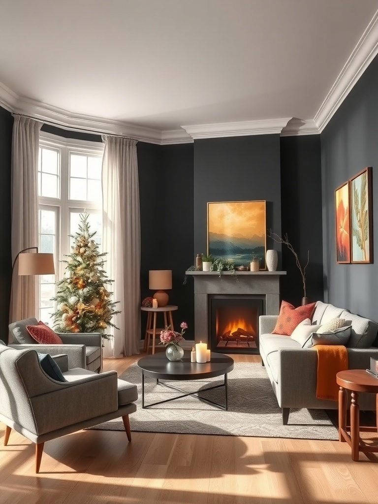 A cozy living room featuring deep charcoal gray walls, modern furniture, and warm decor accents.
