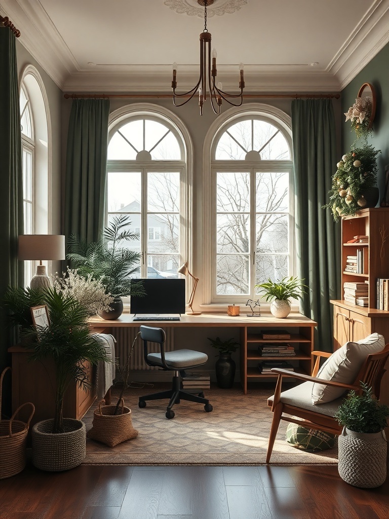 A cozy room featuring deep forest green walls and cream accents, with plants and natural light.