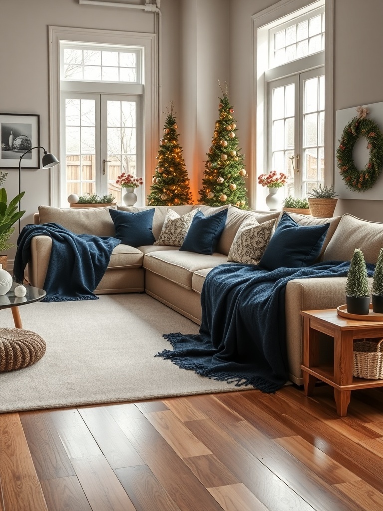 Cozy living room with deep navy blue accents on pillows and blankets.