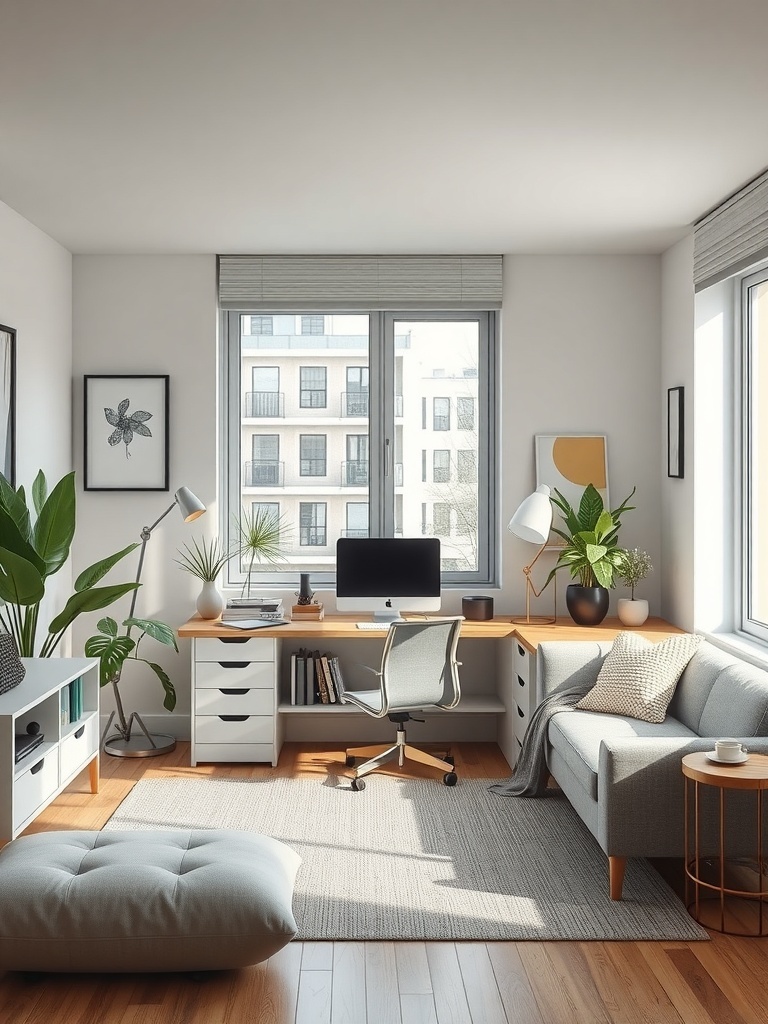 A compact home office with a desk, chair, and plants, designed for flexibility in a small space.