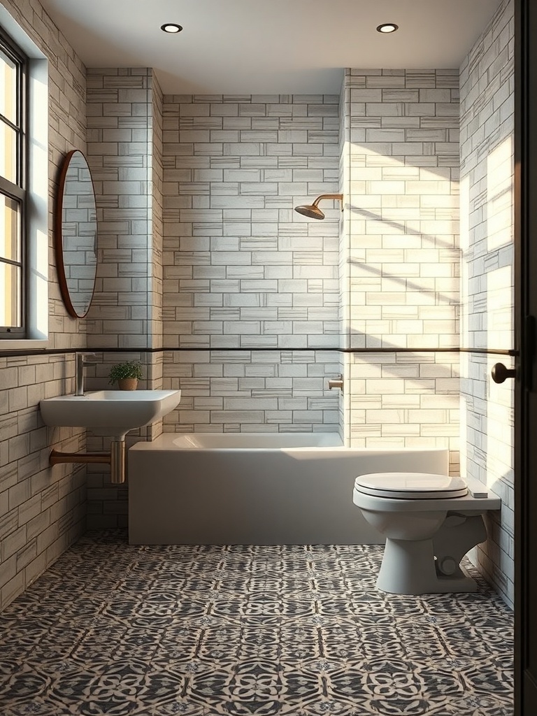 A small bathroom featuring light-colored rectangular wall tiles and patterned floor tiles, with a bathtub, sink, and toilet.