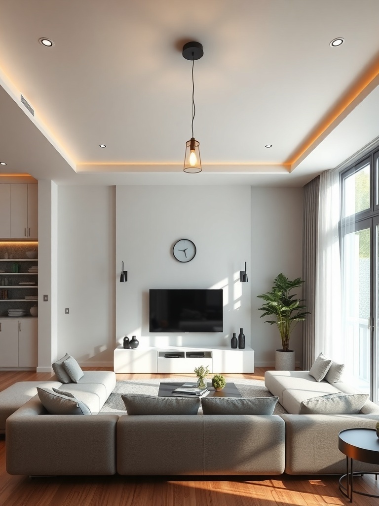 A modern living room with dimmable lights and a cozy atmosphere.