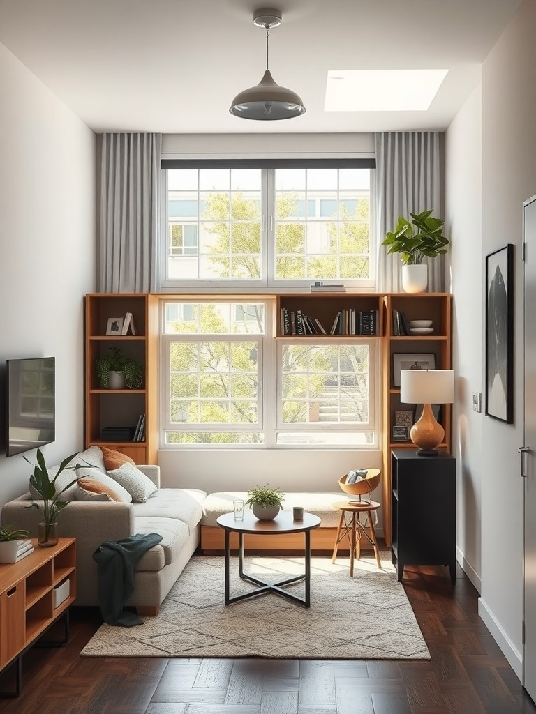 A cozy studio apartment with a sectional couch, a coffee table, and a bookshelf, showcasing a bright and inviting atmosphere.