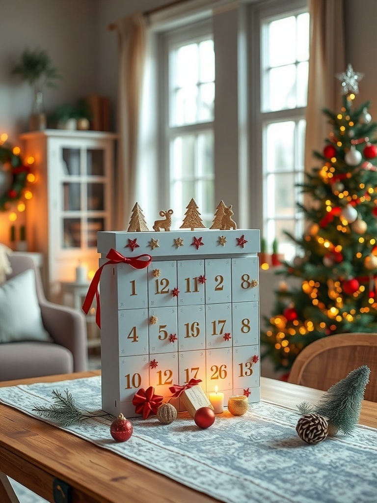 A beautifully decorated DIY advent calendar on a holiday table, surrounded by festive decor.