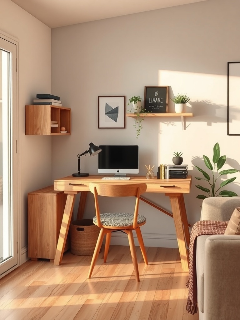 A cozy workspace featuring a wooden desk, a chair, and decorative elements.