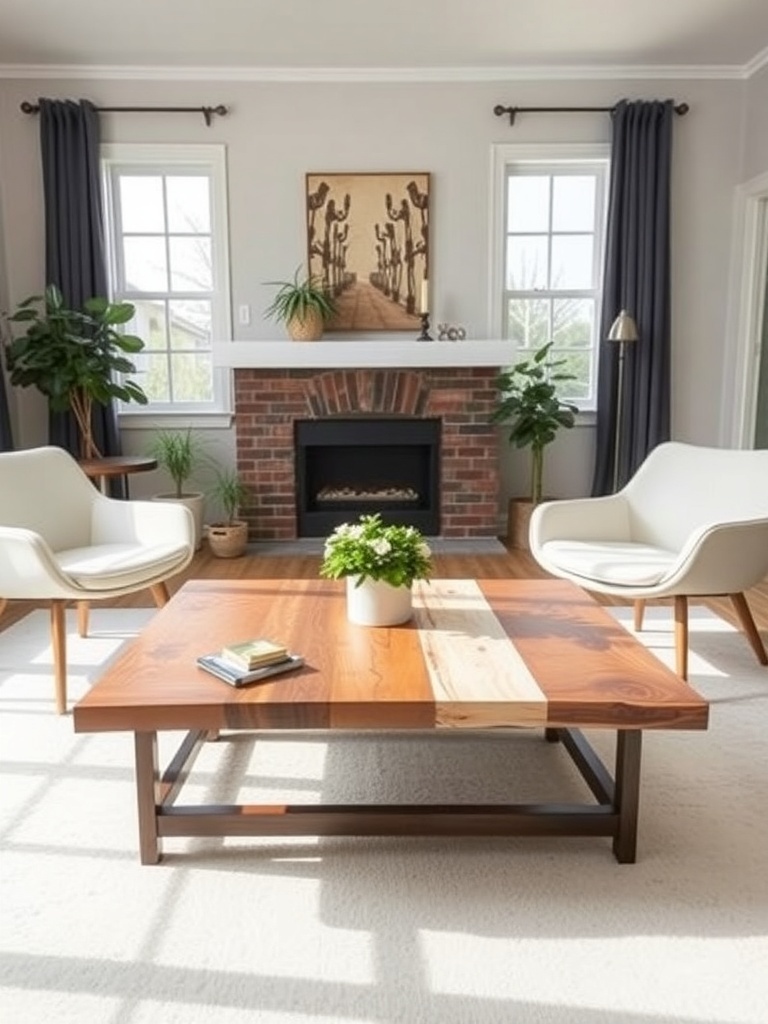 A stylish living room with a unique wooden coffee table, light-colored chairs, and plants.