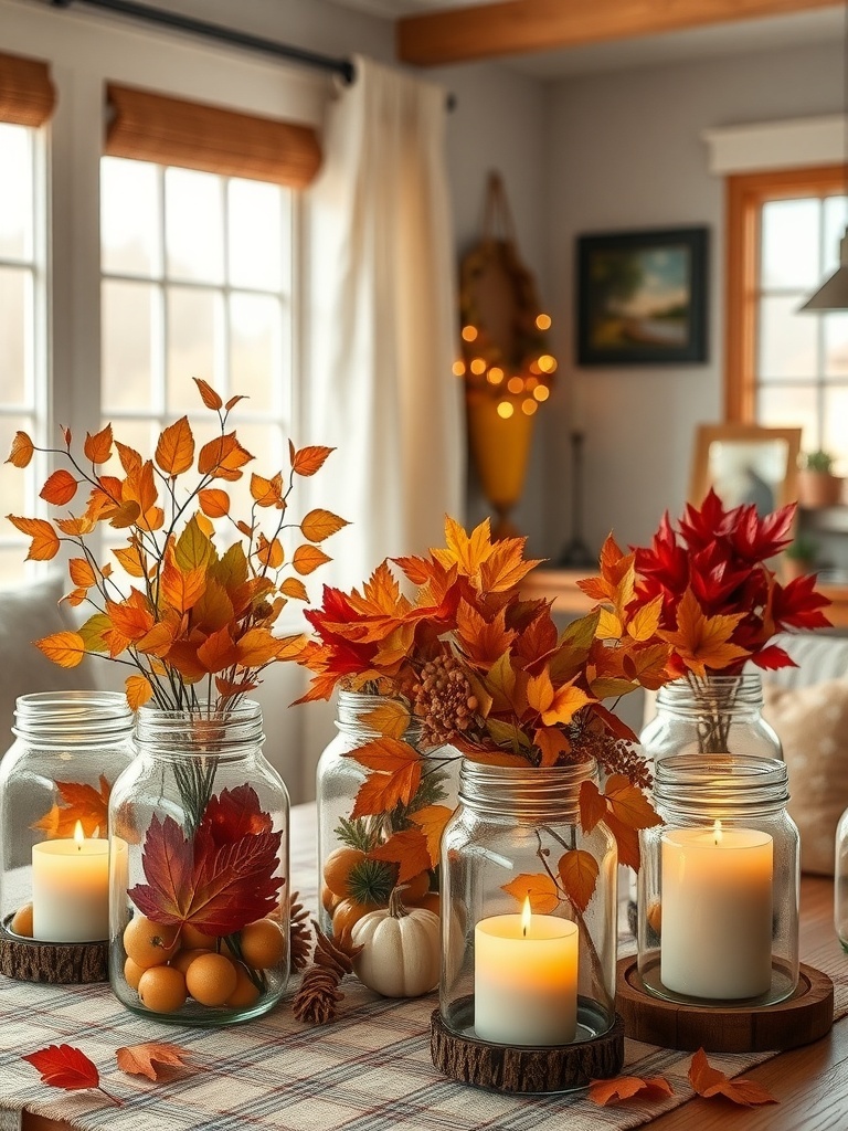 Mason jars filled with autumn leaves and candles on a table