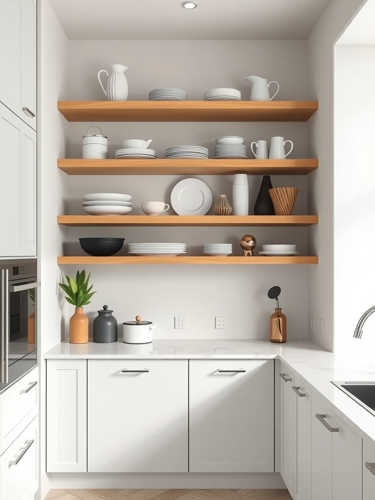 A modern kitchen with open wooden shelves displaying various dishware and decorative items.