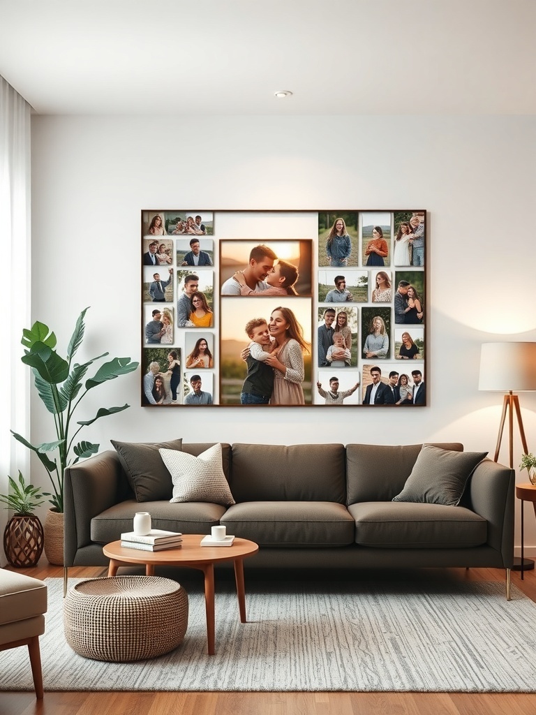 A living room with a DIY photo collage on the wall, featuring various family and friend photos.