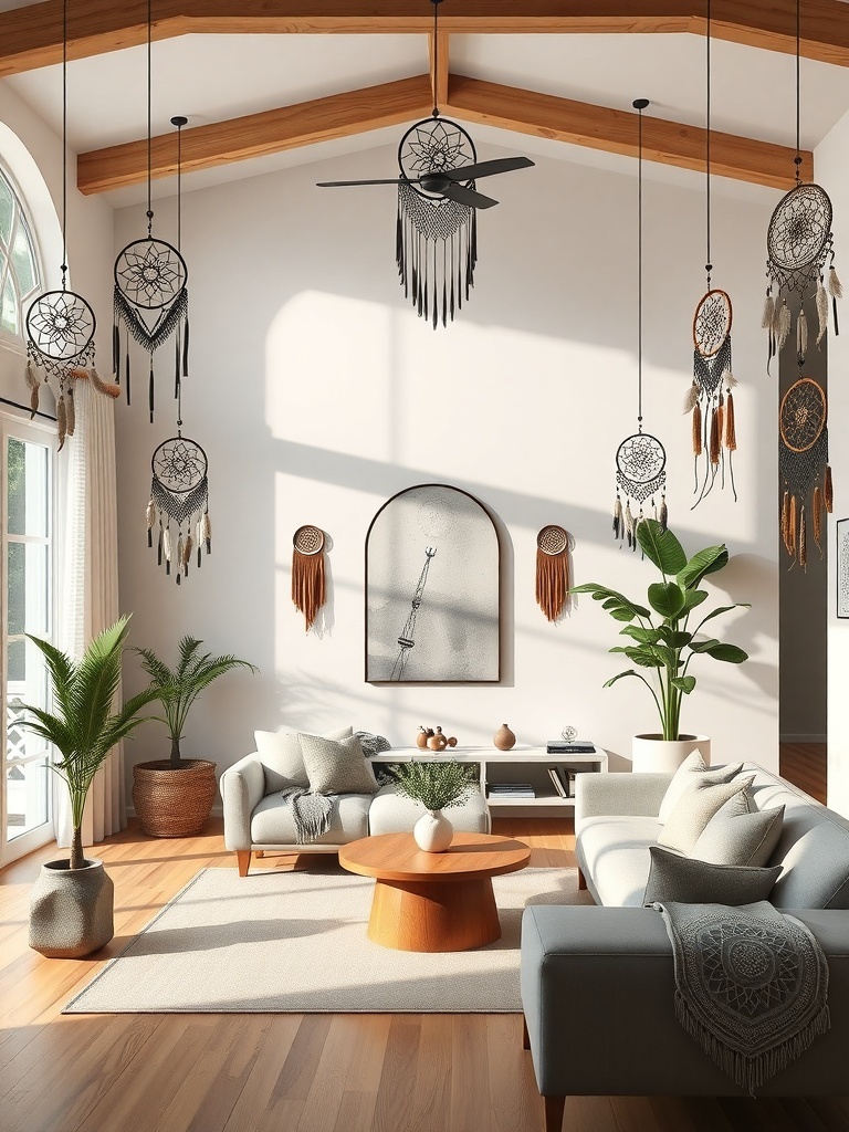 A boho living room featuring multiple dreamcatchers hanging from the ceiling, with plants and modern furniture.