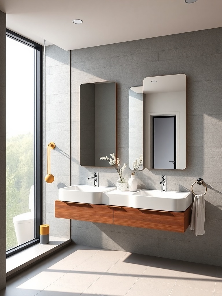 Modern bathroom with dual sinks, wooden vanity, and large window