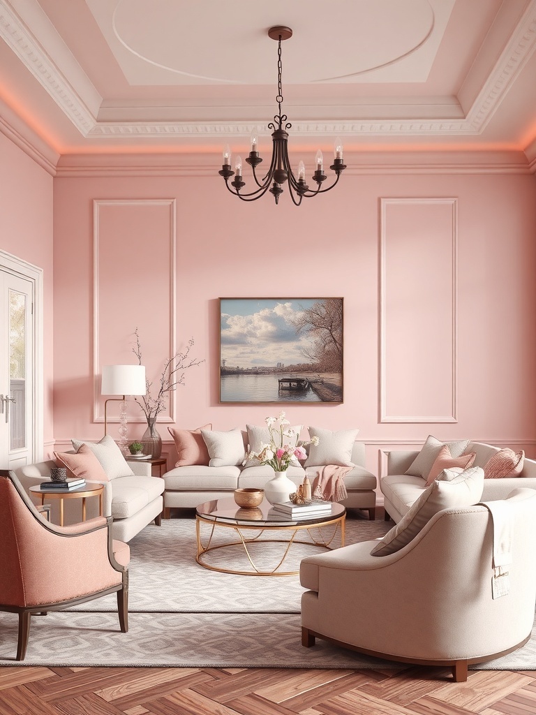 A cozy living room featuring dusty rose walls, light furniture, and elegant decor.
