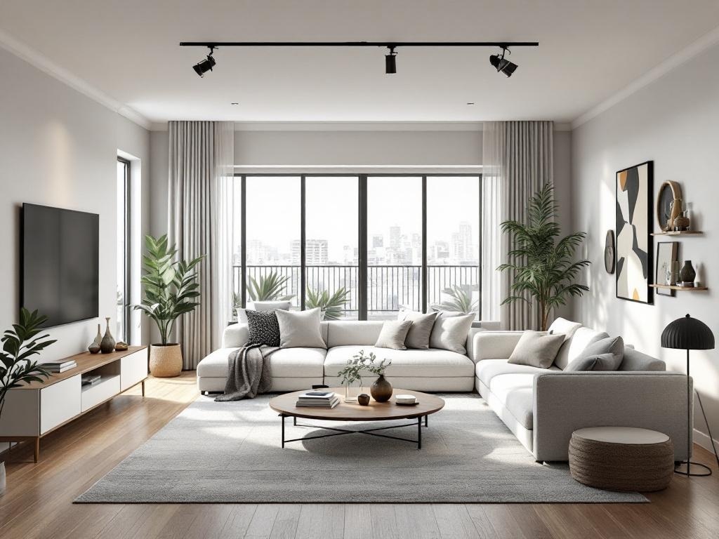 Modern living room with large windows, sectional sofa, coffee table, and plants.