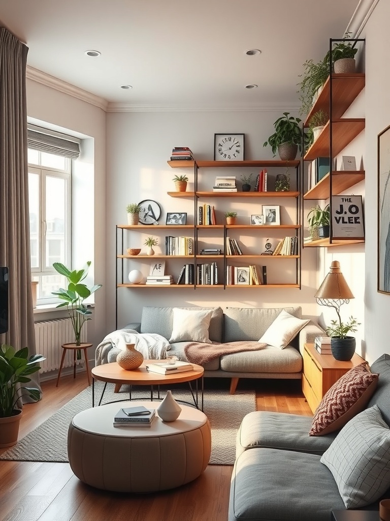 Stylish studio apartment with dynamic shelving and cozy seating.