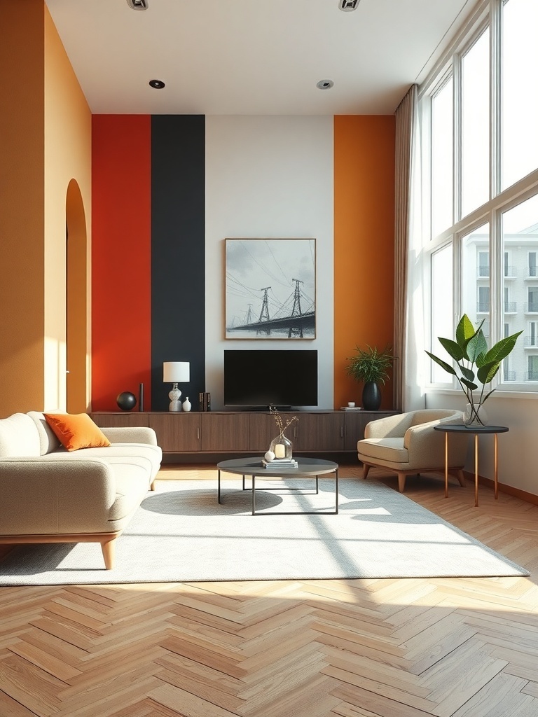 A living room with color block walls in orange and gray, featuring modern furniture and large windows.