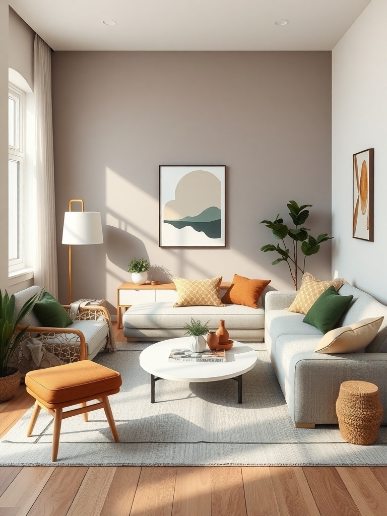 A Scandinavian living room featuring an earthy color palette with soft browns, muted greens, and warm oranges.