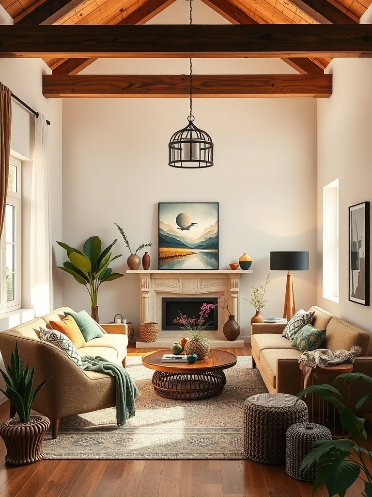 A cozy boho living room featuring an earthy color palette with natural materials.