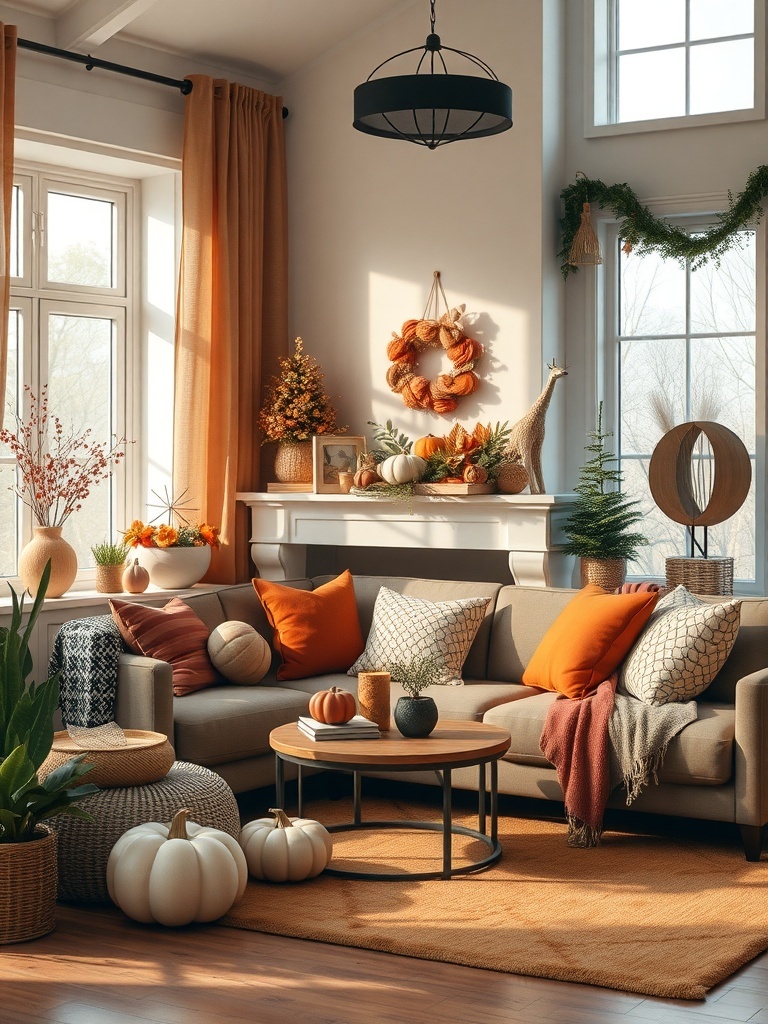 Cozy living room decorated with earthy tones and fall decor.